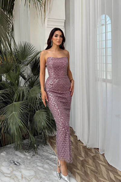 Sindimoda Azra Boncuk İşleme Straplez Midi Abiye 1134