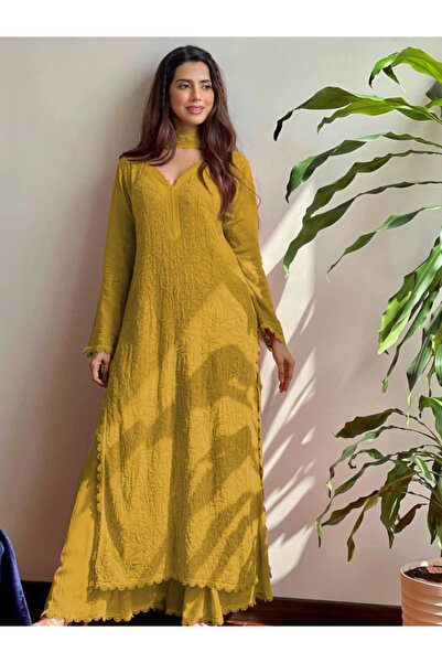 MYSMAR Yellow Faux Georgette Salwar Kameez & Dupatta Set - HRT5439 |Yellow