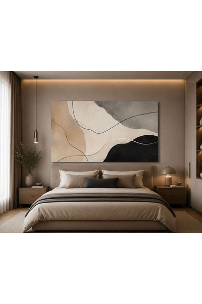 walliva Modern Minimalist Soyut Kanvas Tablo Bej Krem Siyah ve Altın Çizgili ...