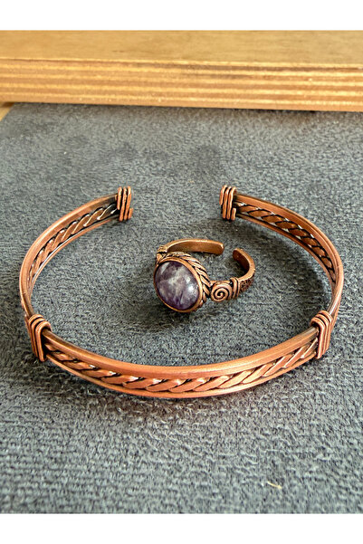 Rupen Kraft Handcrafted copper bracelet and natural stone ring set, adjustabl...