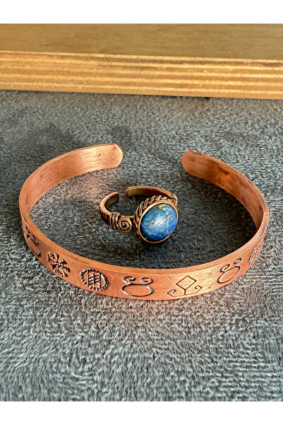 Rupen Kraft Handcrafted copper bracelet and natural stone ring set, adjustabl...