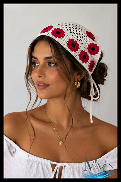 MAZEN Red Hand-Knitted Daisy Tied Women's Bandana Bonnet Bohemian Summer Hair...
