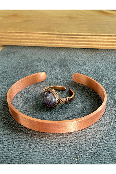 Rupen Kraft Handcrafted copper bracelet and natural stone ring set, adjustabl...