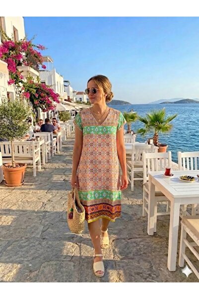 AYASOFYA OTANTIK Women's Ethnic Patterned Short Sleeve Midi Dress