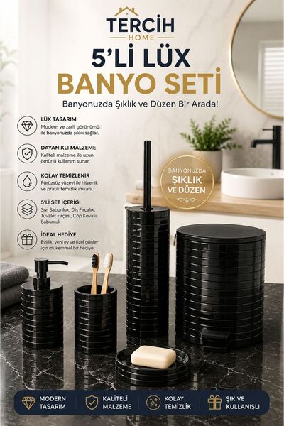 Tercih Home Set de baie rotund din 5 piese, cu dungi orizontale, negru modern...