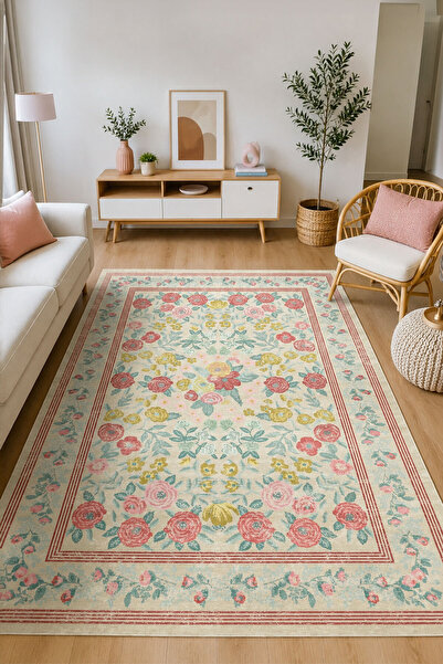 Toronto Home Dijital Kaymaz Yıkanabilir Çiçekli Vintage Salon Halısı Mutfak H...