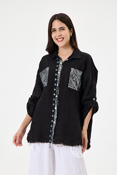 della moor Women's Black Italian 100% Linen Sequined Ring Stripe Oversize Lin...