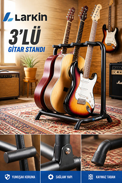 Larkin GS300 Dayanıklı ve Sağlam 3'lü (Üçlü) Çoklu Gitar Standı (Tüm Gitarlar...