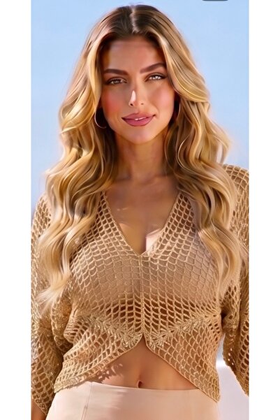 Tanem Çarşı Crop Bluz Merserize /Plaj Simli Fileli El Örgüsü Trend (40cm boy)