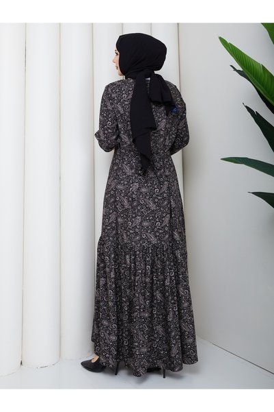 vmeste Gray, Black Shawl-Patterned Ruffled Viscose Dress 🩶 🖤