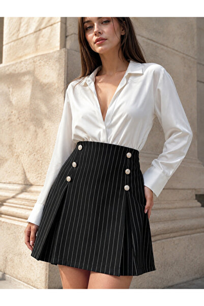 DEEP FAIR Women's High Waist Button Detailed Striped Woven Mini Skirt Cm26Et0...
