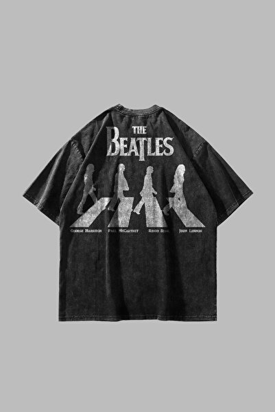 Sekizbiraltı Washable Black the Beatles Printed Oversize Unisex Vintage Cotto...