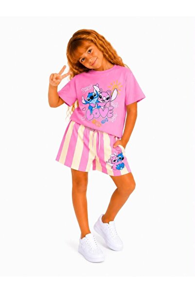 YİGİT BUTİK Girl's Character Patterned Striped Shorts Summer Two-Piece Set