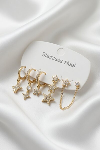 Jadem Gold 316L Steel Zircon Stone Star Detailed Chain Model Women's Earring Set