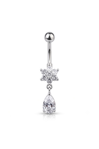 Karaşah Çiçek Damla Zirkon 10x1,6mm Çelik Göbek Piercing