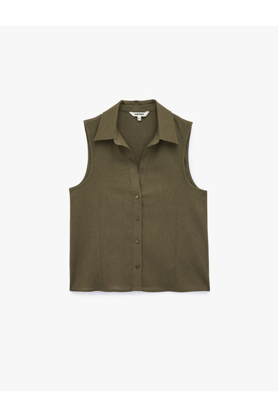 Koton Düğmeli Slim Fit Kolsuz Keten Gömlek