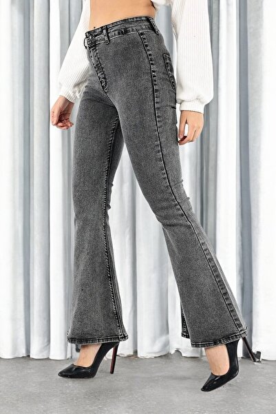 Ramrod Pantaloni din denim Lycra confortabili, evazați, pentru femei, afumati