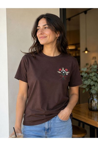 yubistitch Tshirt Embroidered with Bunch of Flowers - Combed Cotton - Brown