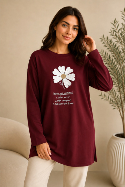 SADEL Çiçek Nakışlı Oversize Tunik - Bordo