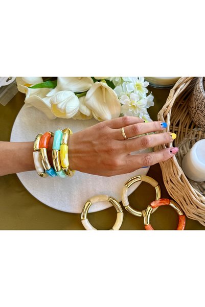Merishe Jewerly Turquoise Marble Patterned Gold Beaded Acrylic Elastic Bracelet