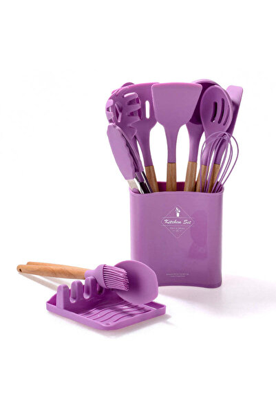 Vivendo Set 13 ustensile de gatit din silicon, maner bambus, suport linguri