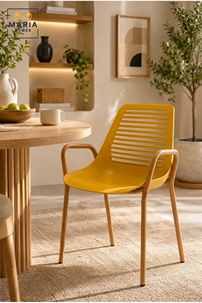 MARIA HOMES Mustard Yellow Plastic Dining Chair with Wooden Armrests – Modern...