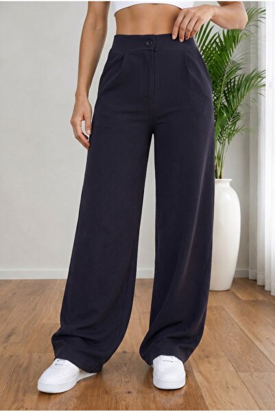 BİKELİFE Women's Navy Blue High Waist Loose Fit Lycra Wide Leg Palazzo Trousers
