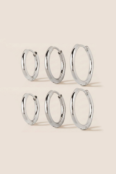 Hetra Silver Color Steel 10-12-14 mm 6-Piece Hoop Earrings 2 mm