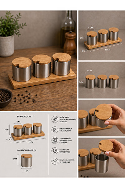 PALU GASTRO 3-Piece Spice Rack Set with Bamboo Stand, Stainless Steel Storage...