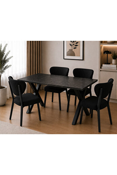 Cosargroup ELMA Sandalye 70X110 siyah Mermer Yemek Masası Mutfak Masası 4 Kiş...
