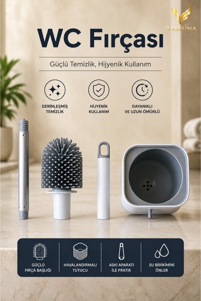 VİSLUNA Hijyenik Silikon Tuvalet Klozet Temizleme Fırçası Şık Tasarım Koku Önleyici Hızlı Kuruyan Hazneli WC Fırçası Banyo Temizlik Aparatı