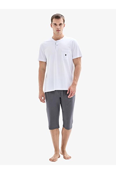 Blackspade Men's Half Buttoned Short Sleeve Capri White Pajama Set C3T9N804
