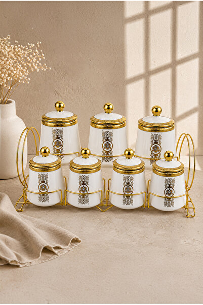 Vadi Gold Patterned Porcelain Spice Set 7-Piece Set Storage Jar with Metal St...