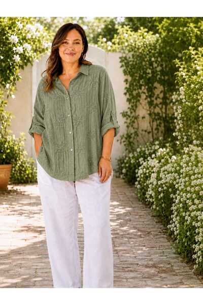 Butik Şans Women's Oversized Italian Shirt with Stripe Embroidery Detail