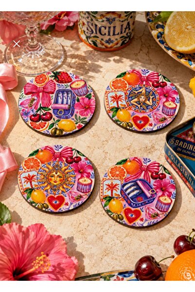 nesnelgift Trinacria Motifli Set of 4 Coasters, 9 cm Mdf Wood