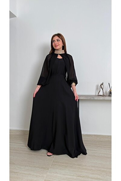 REVE Elegant Black Long Dress, with Wide Chiffon Sleeves, and Gold Embroidere...