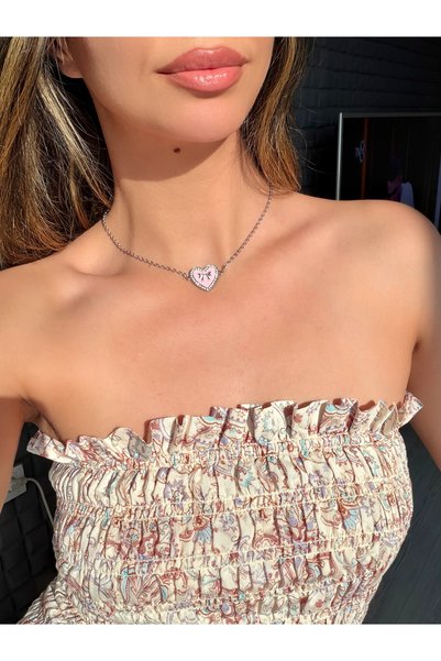 LUNIVRA Stainless Steel Zircon Stone Heart Bow Detailed Adjustable Choker Necklace