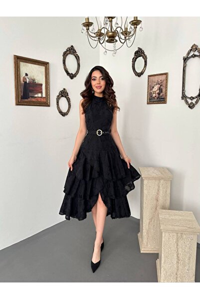 Julidress Embroidered Belt Detailed Layered Flounce Premium Cotton Dress