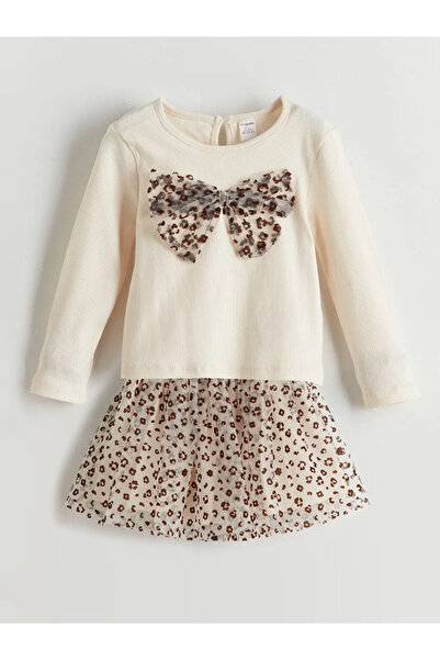 LC Waikiki Ecru Leopard Patterned Girls' Blouse and Skirt Set of 2