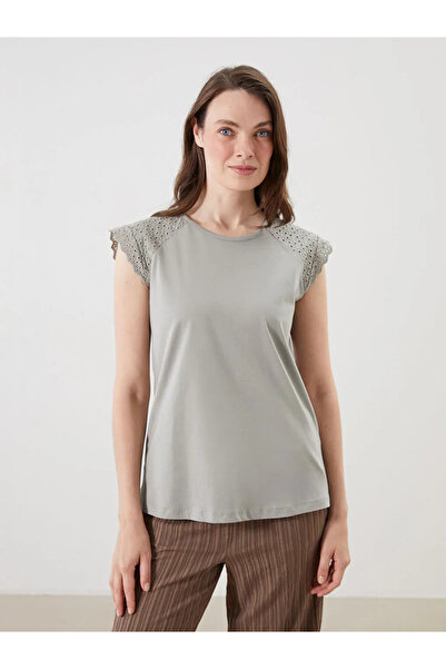 LC Waikiki Khaki Crew Neck Openwork Detailed Blouse