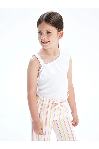 LC Waikiki White Boat Neck Plain Flounce Girl's T-Shirt