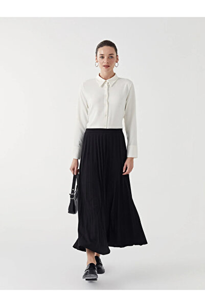 LC Waikiki Black Elastic Waist Plain Crepe Women's Pleated Skirt