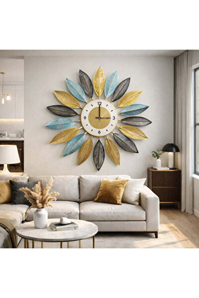 Vivendo Ceas decorativ de perete cu frunze metalice 60 cm, Mecanism Silentios...