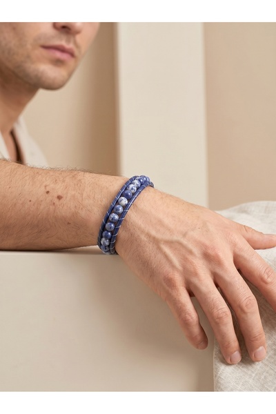 Parmas Design Blue Veined Agate Stone Leather Cord and Steel Bracelet 6mm Men...