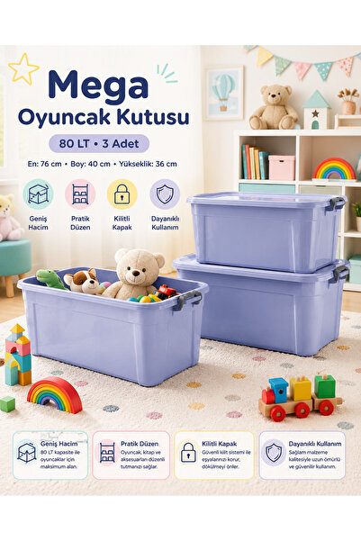 ZİVORA 80 LT Kilitli Saklama Kutusu Mega Oyuncak Düzenleyici Kutu 76x40x36 cm...