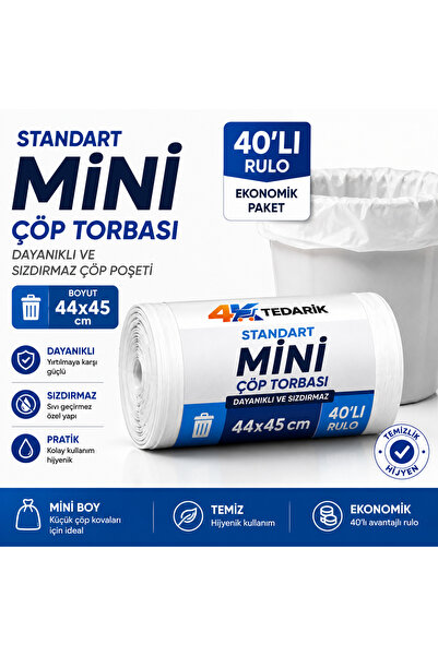 4K TEDARİK Standart Mini Çöp Torbası 44x45 cm 40'lı Rulo | Dayanıklı ve Sızdı...