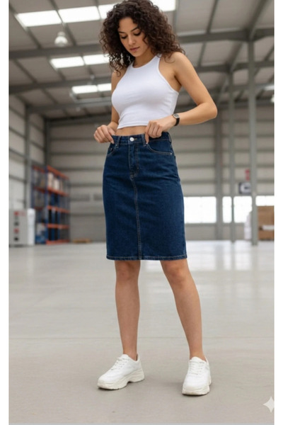 TugsatTasarTekstil Women's Navy Blue High Waist Slit Midi Length Blue Denim S...