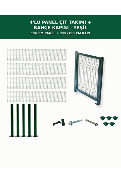 4'lü Panel Çit Takım 150cm Yükseklik 10 Metre Uzunluk + Bahçe Kapısı 150x100cm Yeşil Renk