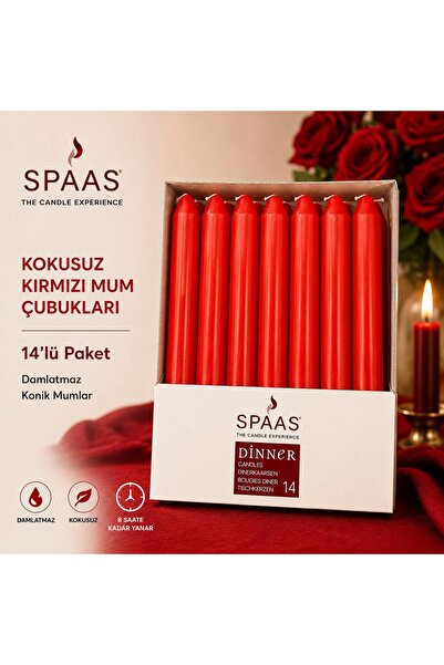 Spaas Kokusuz Damlatmaz Konik Şamdan Mumu 14'lü Paket – 8 Saat Yanma Süresi, ...
