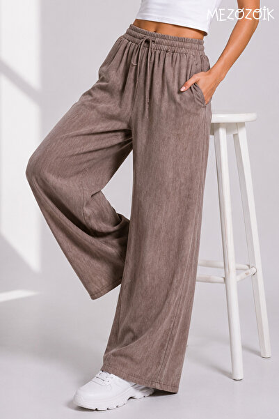 mezozoik Women's Linen Blend Denim Patterned Wide Leg Summer Trousers